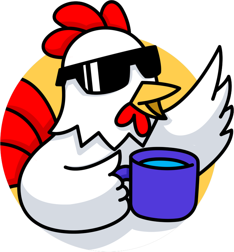 The Morgenruf rooster, in sunglasses, holding a mug of coffee